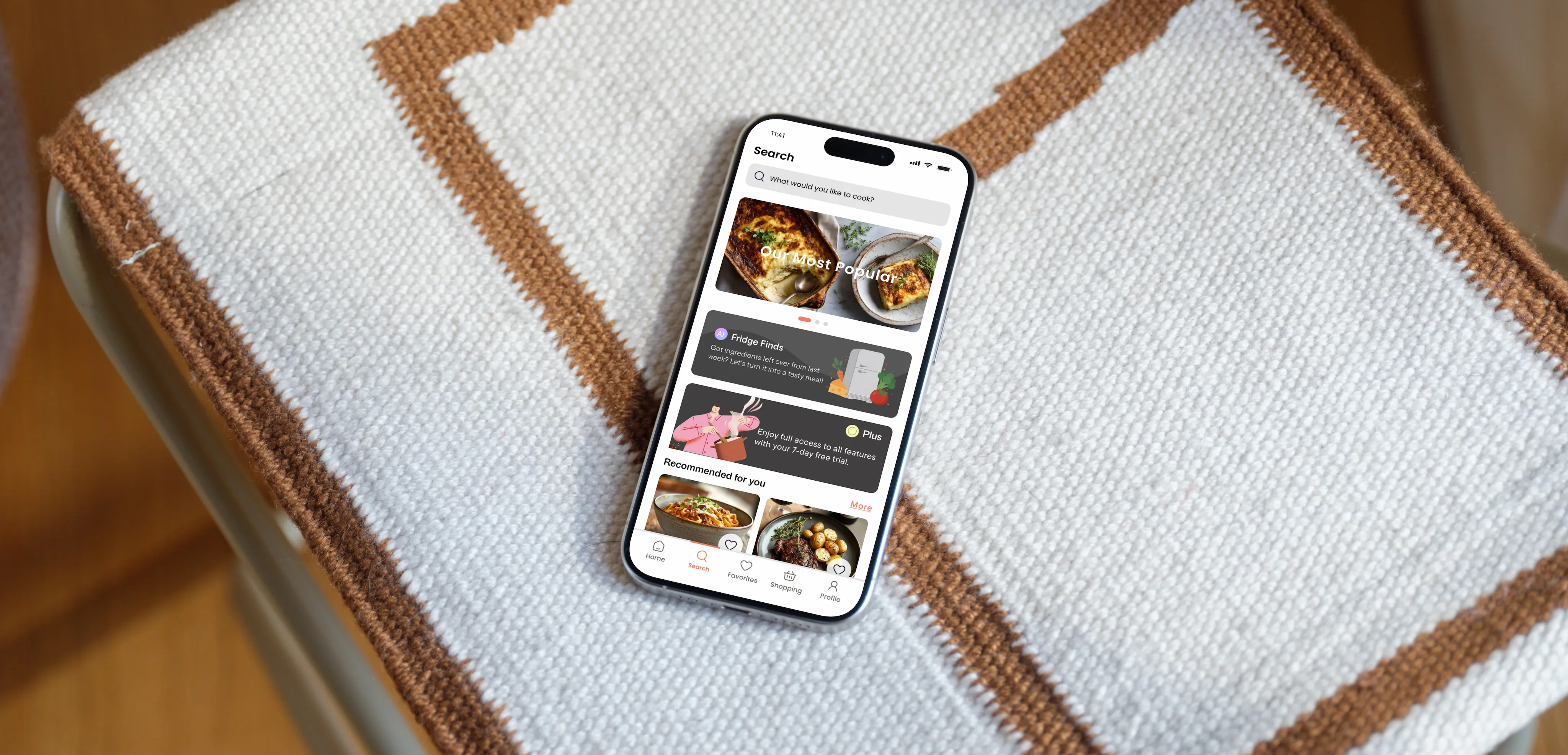 Dishcovery Search screen on a phone resting on a bordered woven cushion