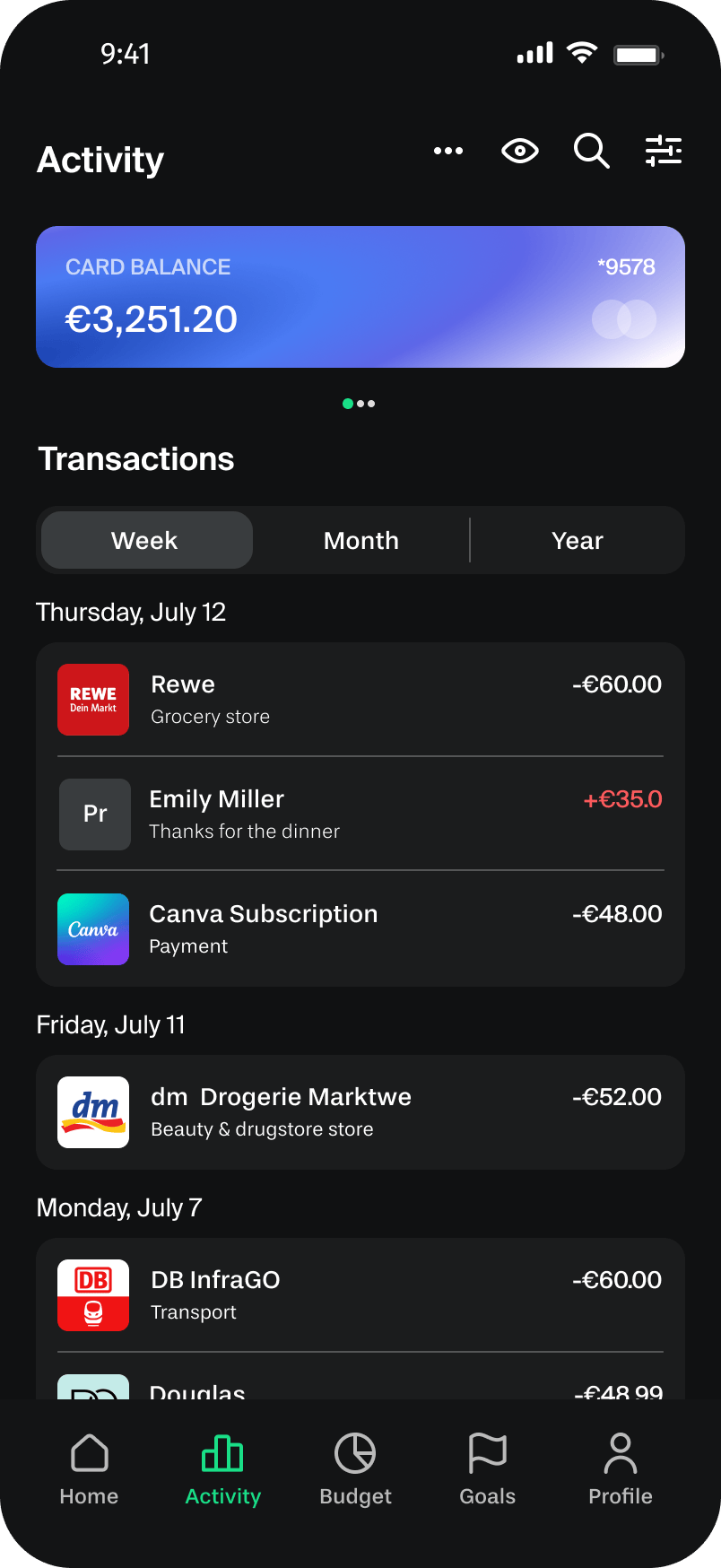 Activity / transactions screen