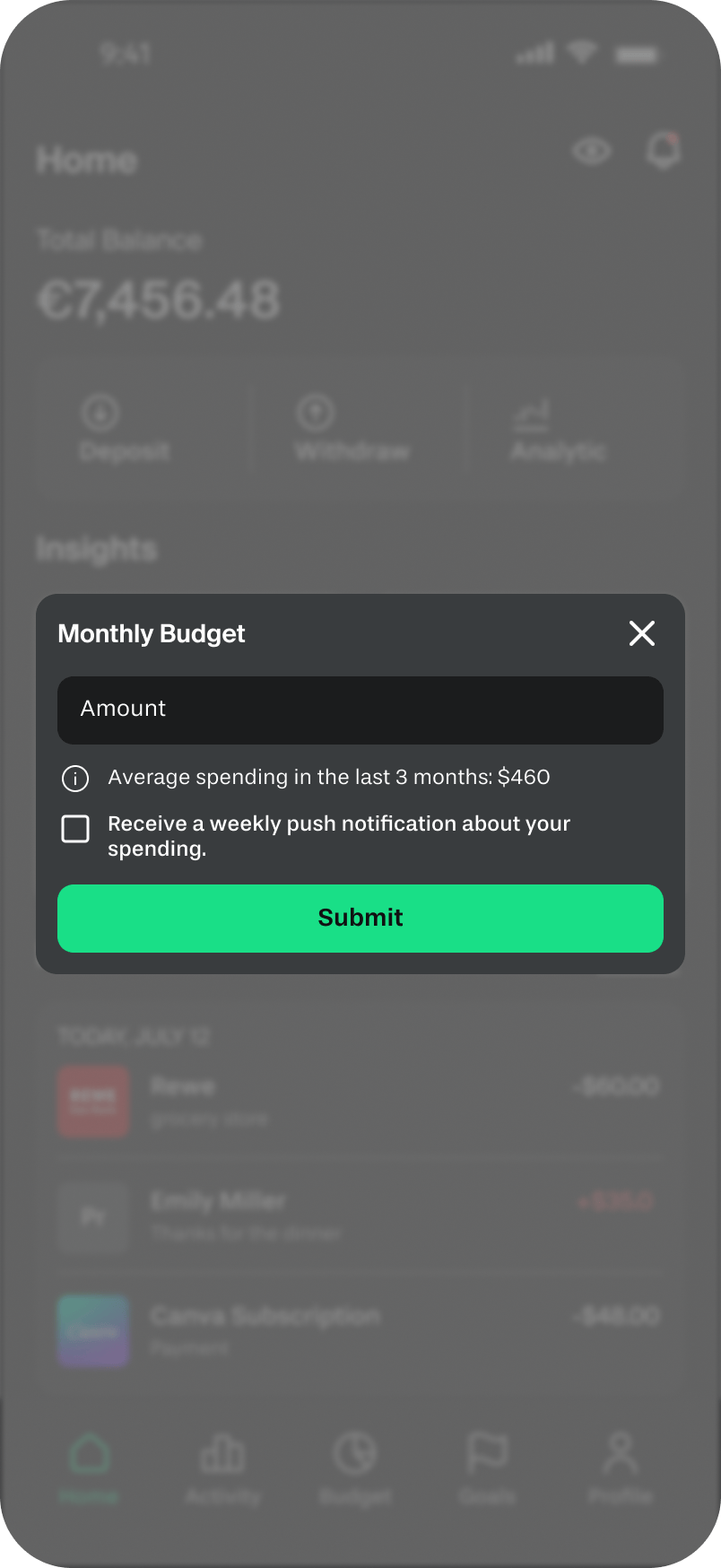 Monthly budget modal