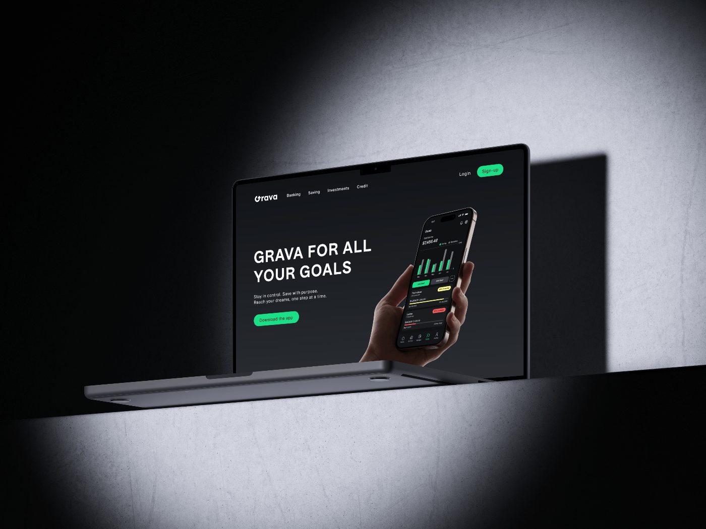 Grava marketing site on a laptop in a dramatically lit interior