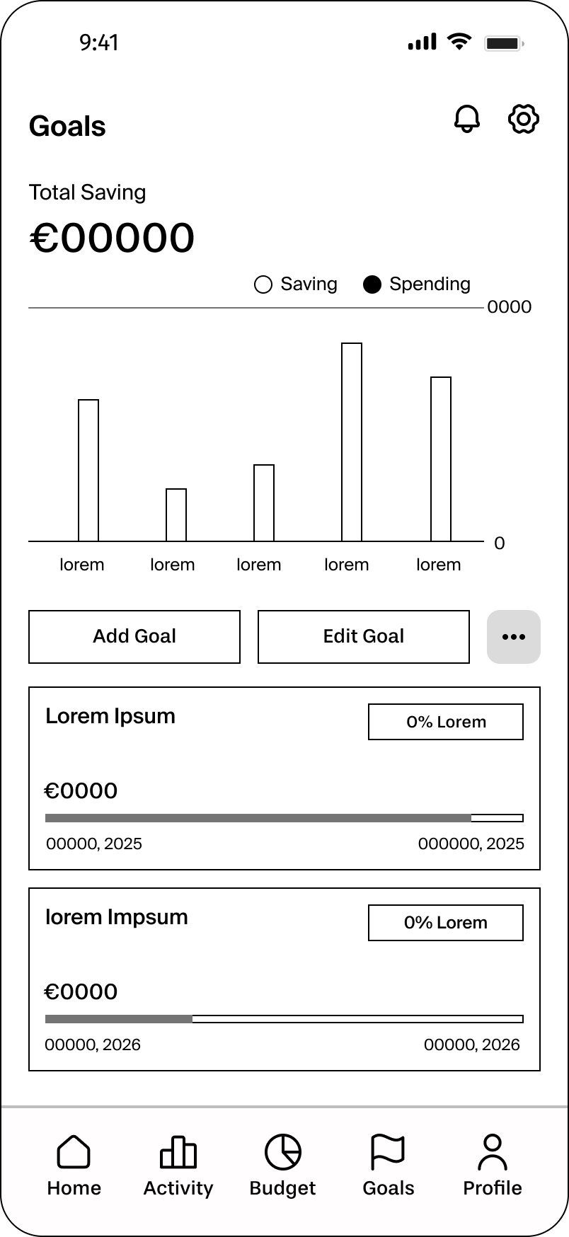 Goals screen low-fidelity wireframe