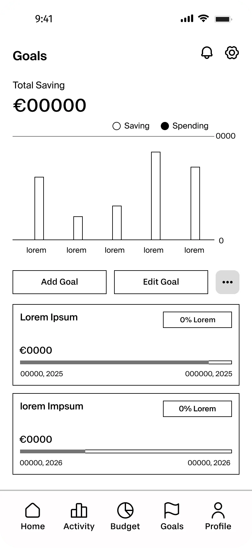 Goals screen low-fidelity wireframe