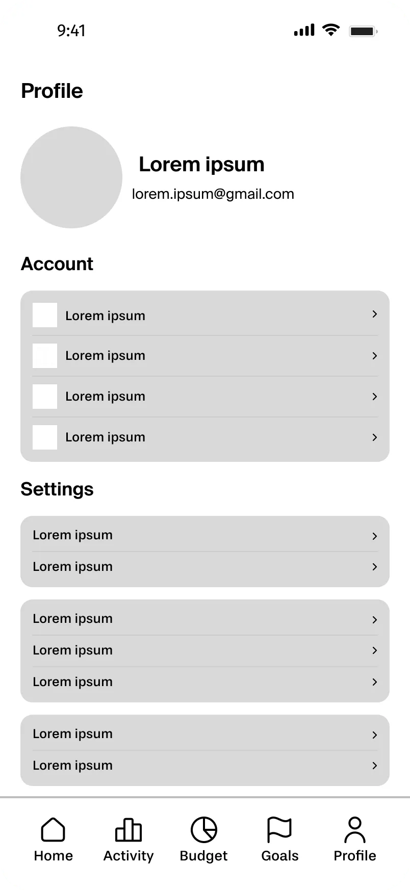 Profile screen low-fidelity wireframe