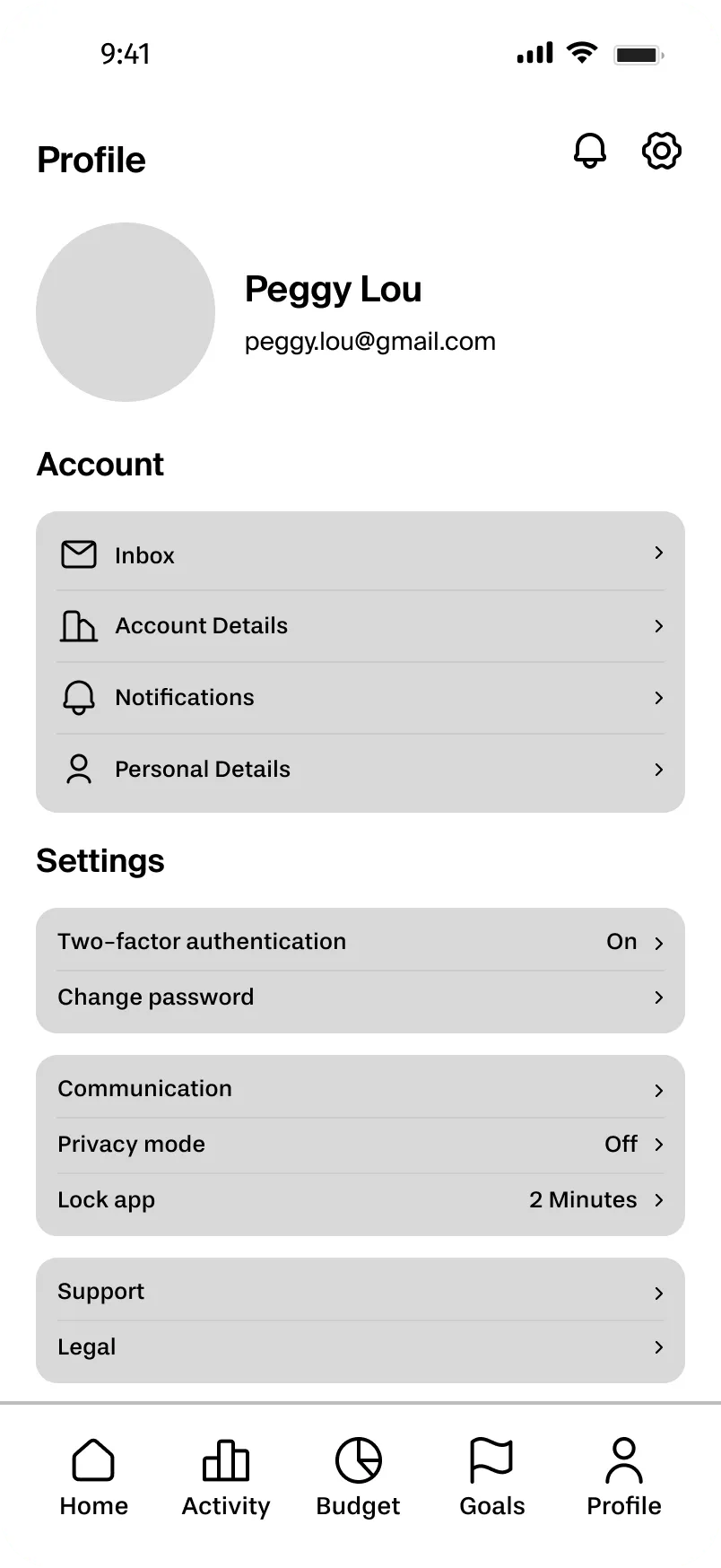 Profile screen mid-fidelity wireframe