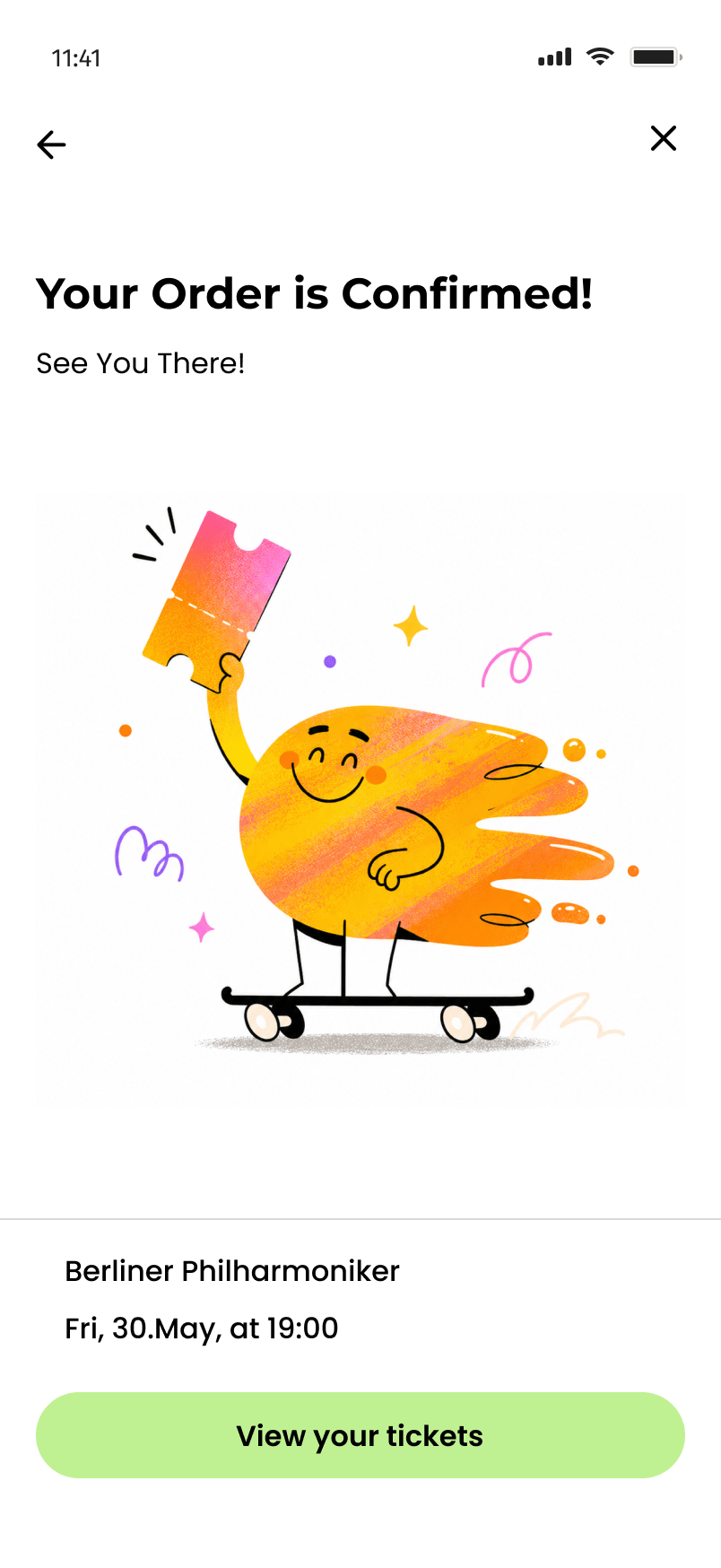 Onfoot order-confirmed screen with a celebratory illustration