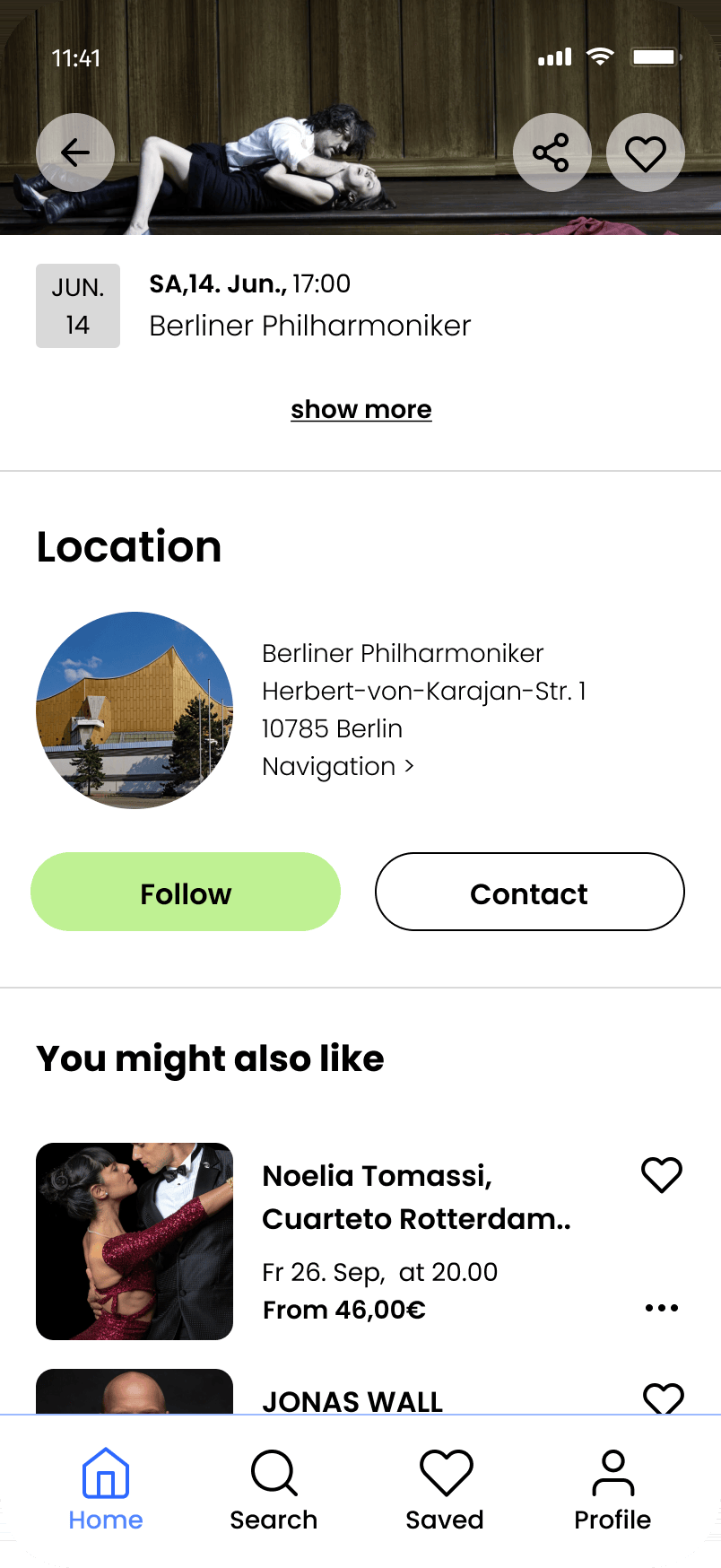 Onfoot event detail lower section — location, Follow and Contact, You might also like