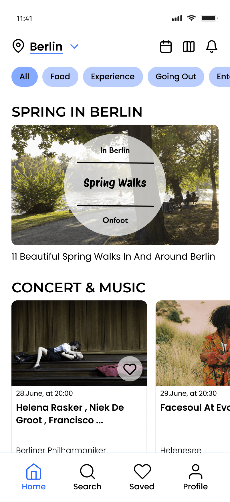 Onfoot home feed with the Spring in Berlin editorial card and Concert & Music section