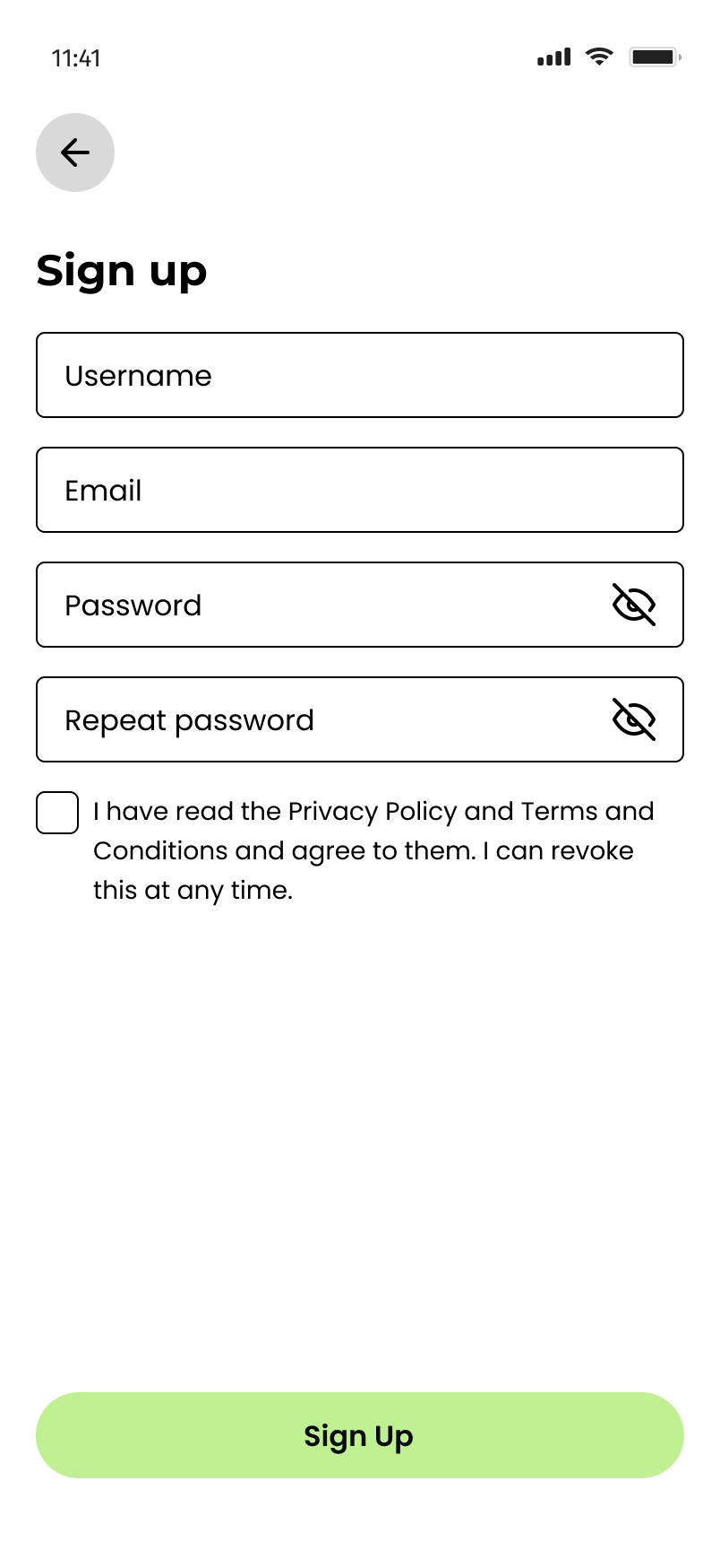Onfoot sign-up screen with username, email, and password fields