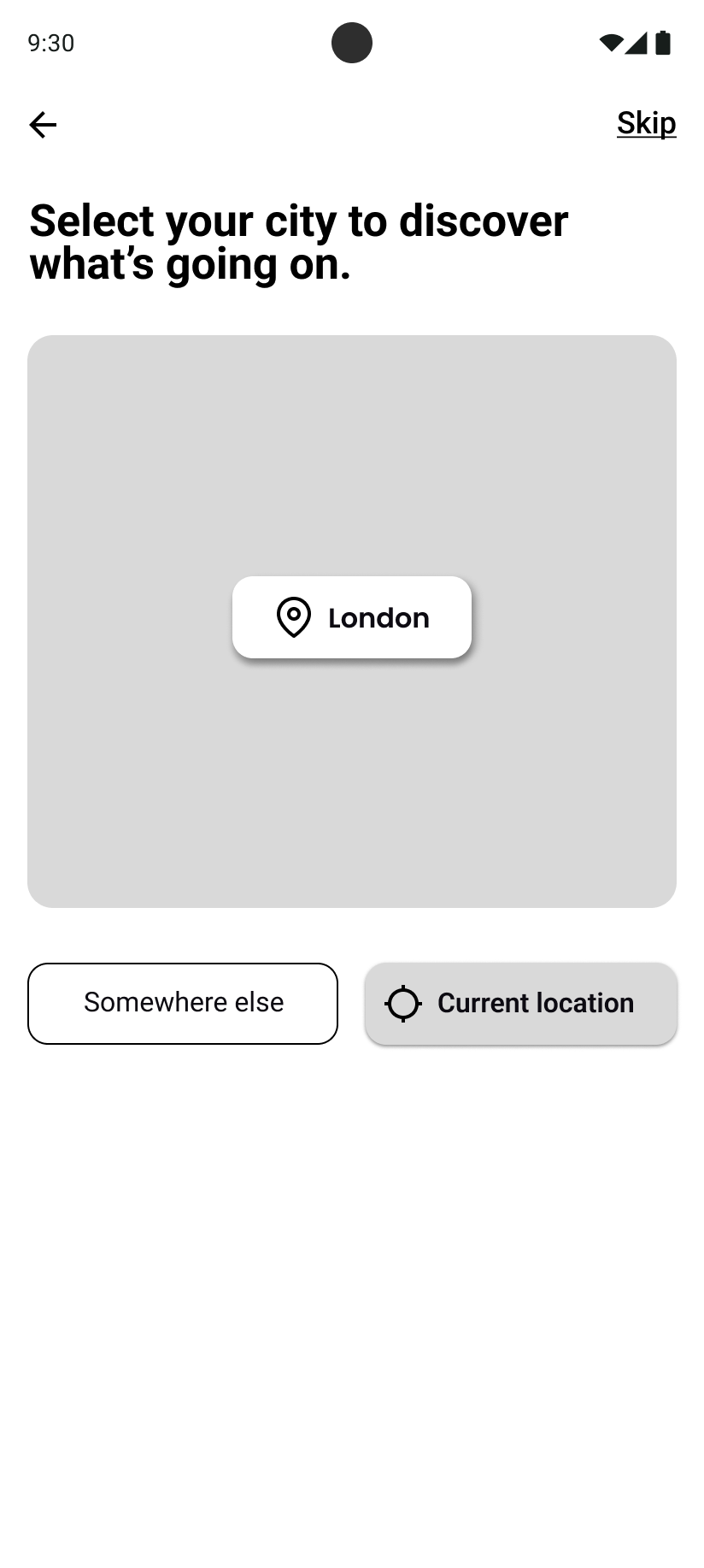 Android city-selection wireframe — Somewhere else and Current location side by side