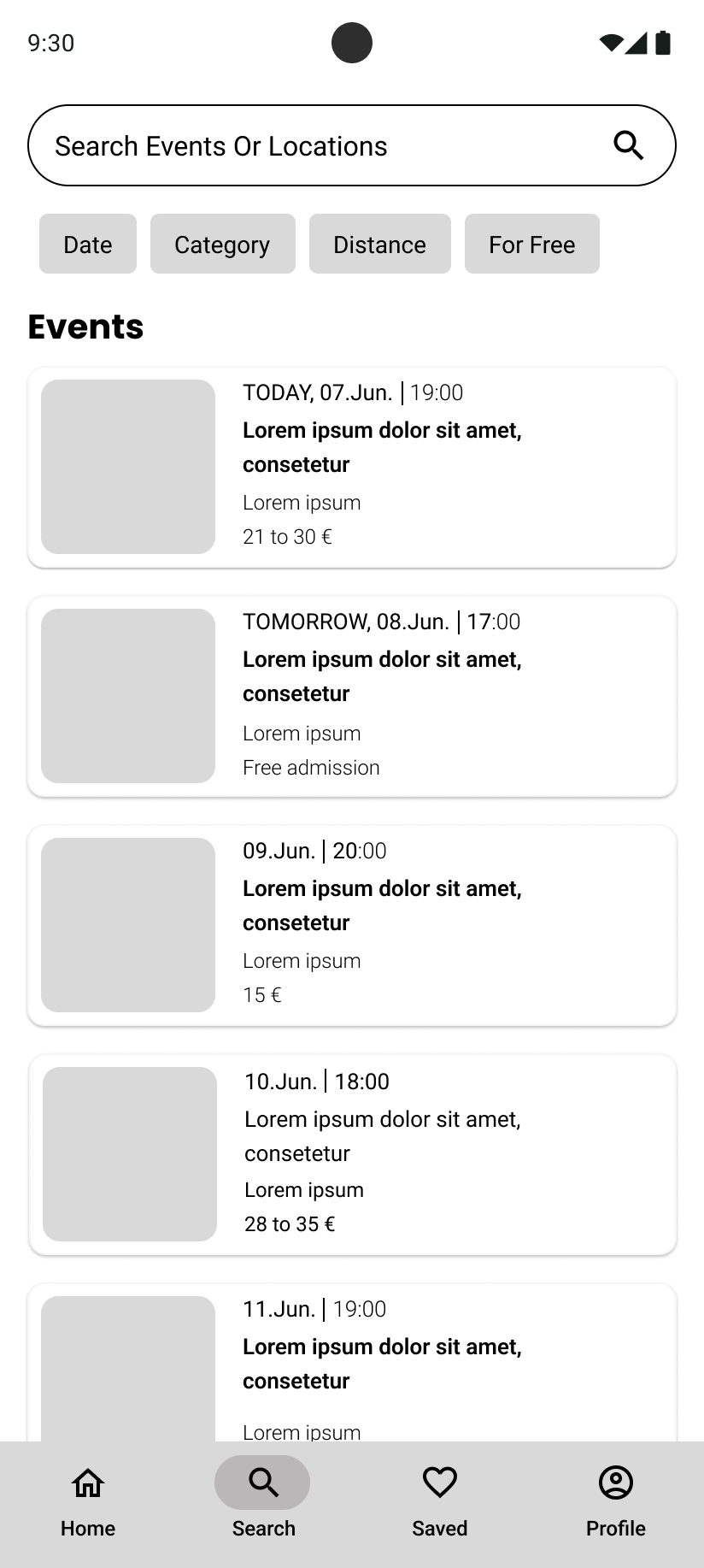 Android search wireframe — Material-style search field and chips